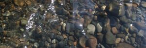 Rocks and pebbles visible through clear, shallow water with light reflections on the surface.