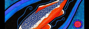 Illustration of a Japanese koi swimming in blue water with circular pink patterns in the background.