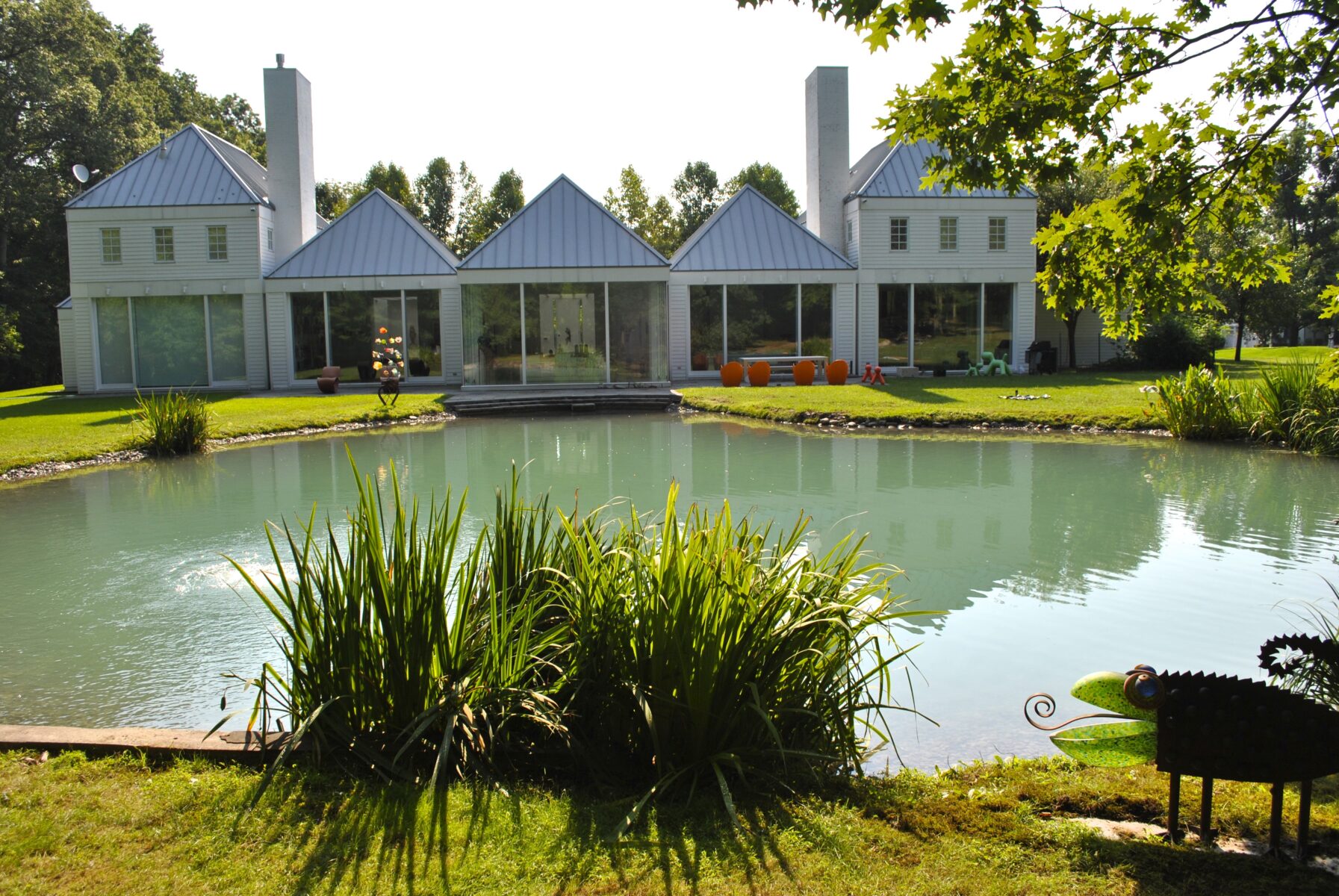 Modern house with four gabled sections, large windows, and a pond with green plants in the foreground.