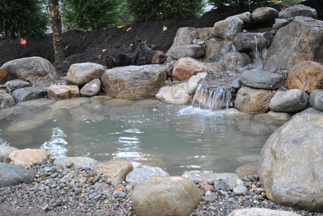 Small backyard pond with rocks and a gentle waterfall, surrounded by soil, pebbles, and evergreen trees in the background.