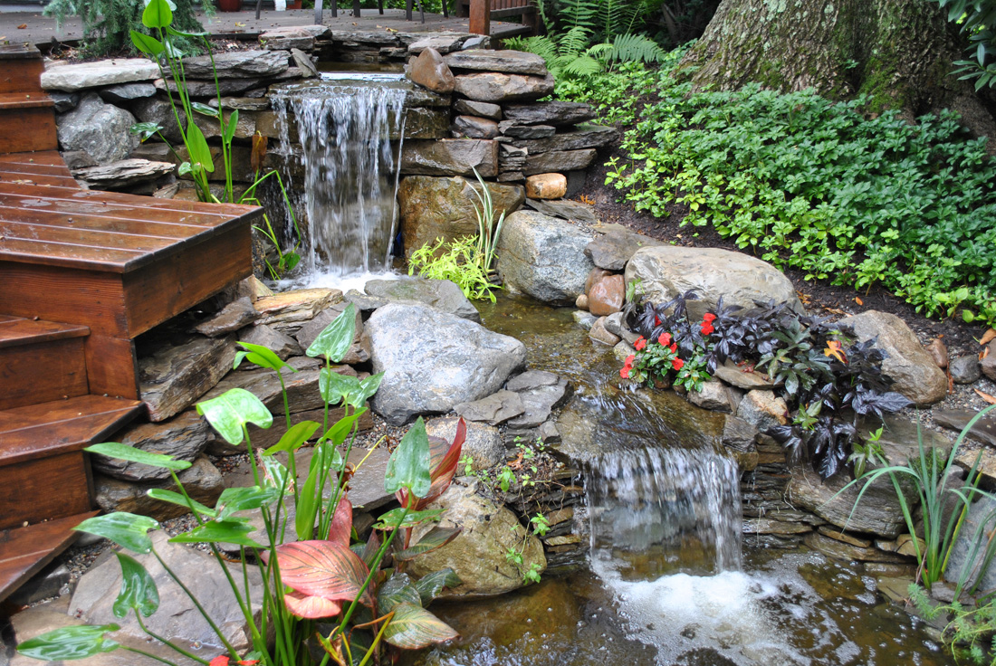 Small backyard pond with two stone waterfalls, wooden steps, surrounding plants, and blooming flowers.