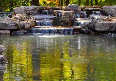Water cascades over a series of rocks into a pond, surrounded by trees and natural stone landscaping.