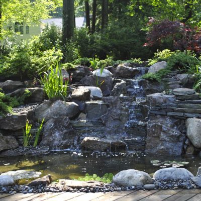 A backyard garden with a stone waterfall, pond, lush green plants, and sunlight filtering through the trees.