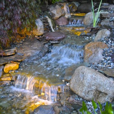 Small waterfall flows over rocks in a landscaped garden, illuminated by yellow lights, surrounded by plants.
