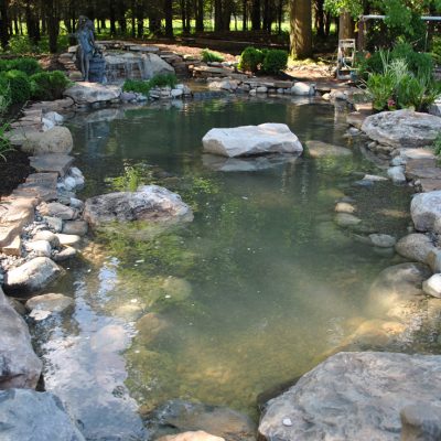 A landscaped backyard pond with rocks, plants, and a person arranging potted plants near the edge.