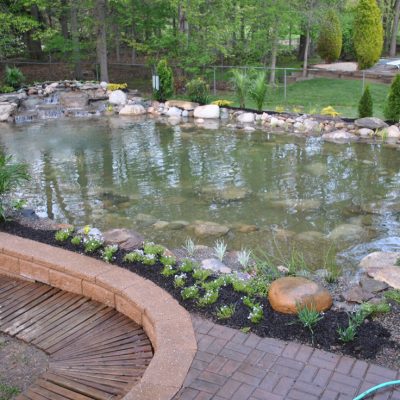 Backyard pond with a stone border, surrounded by landscaped plants and trees, with a brick and wood walkway in front.