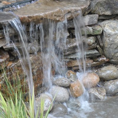 Water cascades over a stone ledge into a small pond surrounded by rocks and plants.
