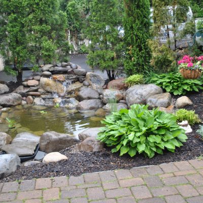 A small backyard pond with rocks, surrounding greenery, potted pink flowers, and a stone patio in the foreground.