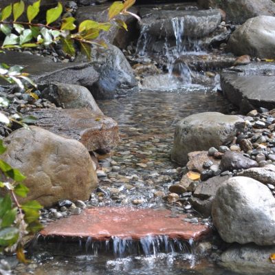 Small artificial stream flows over rocks and pebbles, bordered by greenery and a few scattered yellow leaves.
