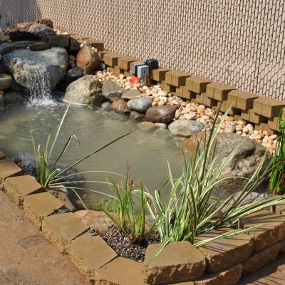 Small backyard pond with rocks, plants, and a waterfall feature against a fence and stone border.