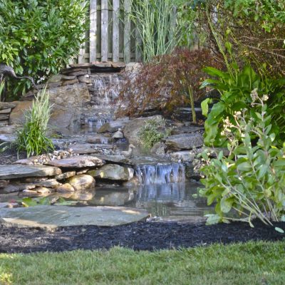 Small backyard pond with a stone waterfall feature surrounded by lush green plants and mulch.