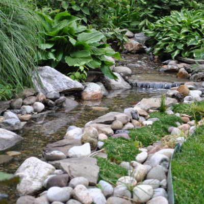 A small garden stream bordered by rocks and lush green plants flows gently through a landscaped area.