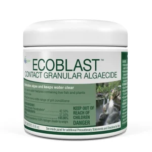 White container labeled “ECOBLAST Contact Granular Algaecide” with warnings and product details on the front.