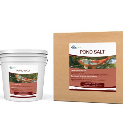 Three containers of pond salt with labels, including a tub, a jar, and a large cardboard box, are displayed side by side.