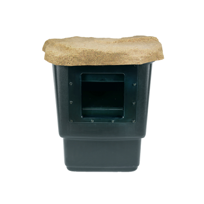 A black plastic container with a square opening and a textured, tan lid resembling a rock.