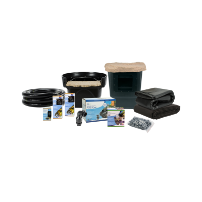 Pond kit components including liners, filters, pump, tubing, hardware, and instruction manuals arranged on a white background.