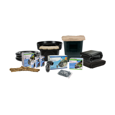 A pond kit including water pumps, filters, liners, tubing, a skimmer, and other pond installation accessories.