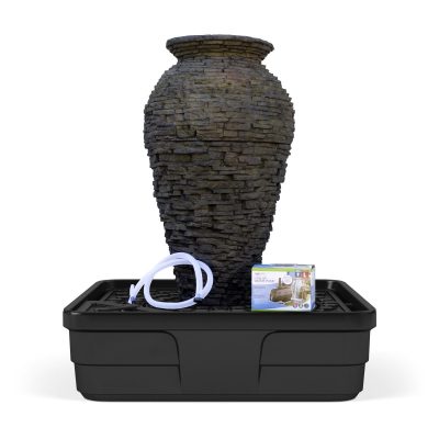 A large textured urn fountain kit with a black reservoir base, hose, and packaging box on a white background.