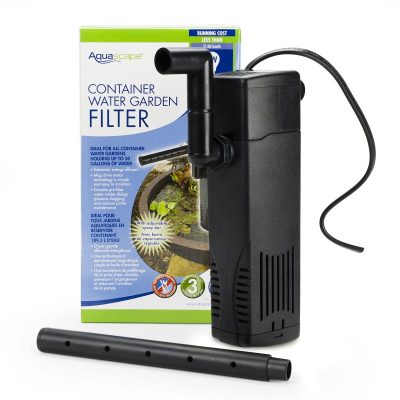 A black container water garden filter with power cord, shown next to its retail packaging and an attachment tube.
