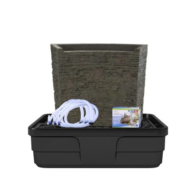Outdoor water fountain kit with a stone-like square basin, black plastic tub, tubing, and instruction manual.