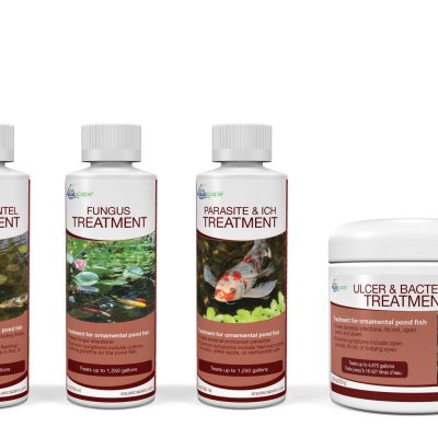Four bottles of pond fish treatments, each labeled for different conditions including parasites, fungus, and bacteria.
