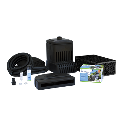 A pond filtration kit with hoses, pump, filter box, test tubes, fittings, and a waterfall spillway on a white background.