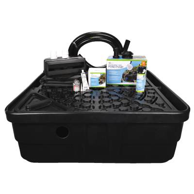 Pond filter kit with pump, tubing, chemicals, and accessories displayed on a large black plastic basin.