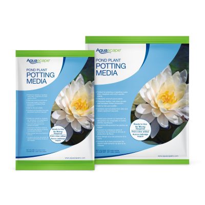 Two bags of Aquascape Pond Plant Potting Media, each featuring a white water lily image on the front packaging.