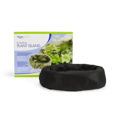 A floating plant island display with product packaging featuring usage instructions and aquatic plant images.