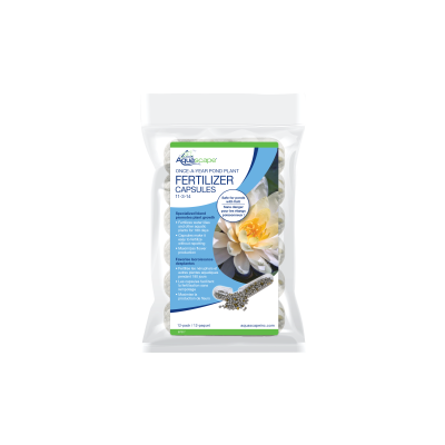 A clear package of Aquascape Fertilizer Capsules for pond plants, featuring product details and a water lily image on the label.