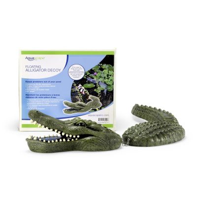 A floating alligator decoy with packaging, designed to keep predators out of ponds.