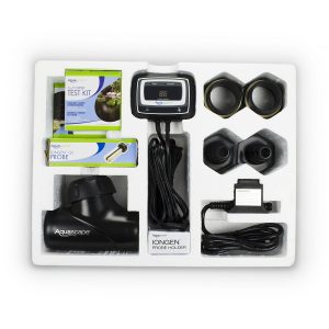 Aquascape IonGen G2 kit with digital control panel, probe, test kit, power adapter, probe holder, and connectors in tray.