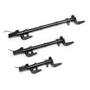 Three black inline UV water sterilizers of varying lengths are arranged diagonally on a white background.
