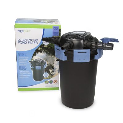A black and blue pond filter is displayed next to its box, which features product branding and an image of the filter.