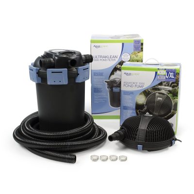 A pond filter and pump kit with hoses, connectors, and boxes displaying product information on a white background.