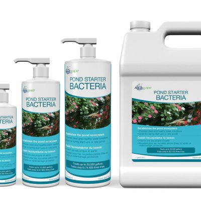 Four bottles of pond starter bacteria with pumps and one large jug, all labeled with product information and aquatic images.