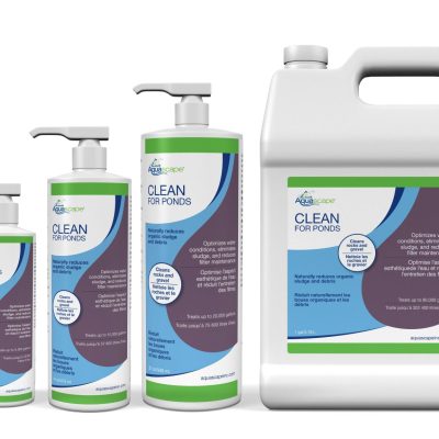 Four bottles of AquaSphere Clean for Ponds in different sizes, featuring white pumps and green-purple labels.