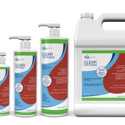 Four bottles of Aqua Scape Clear for Ponds water treatment in various sizes, labeled with red and blue text.