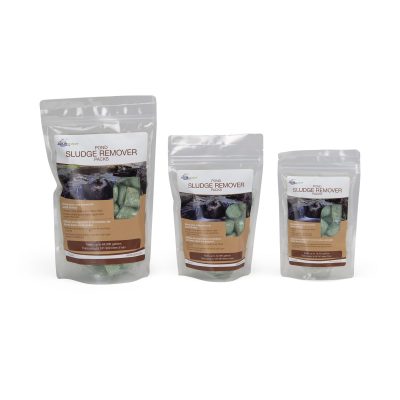 Three resealable pouches of pond sludge remover packs in small, medium, and large sizes with brown labels.