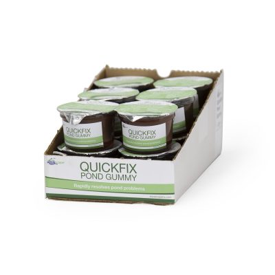 A box containing multiple cups labeled "QuickFix Pond Gummy" with green and white packaging.