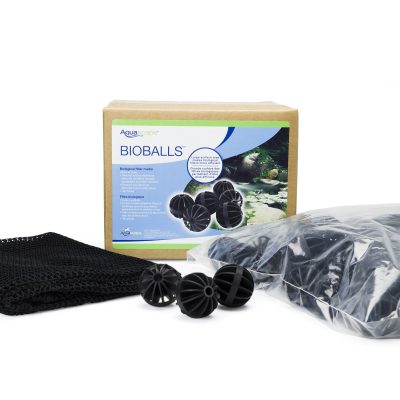 Box of AquaScape BioBalls with plastic filter balls, mesh bag, and packaging displayed on a white background.