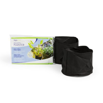 Two black fabric aquatic planter pots displayed next to their packaging with plant and pond graphics.