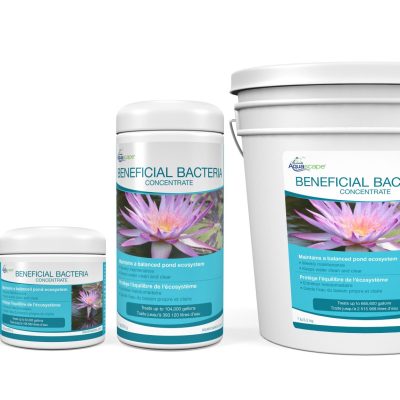 Four containers of "Beneficial Bacteria Concentrate" pond treatment in varying sizes, each with a lotus flower label.