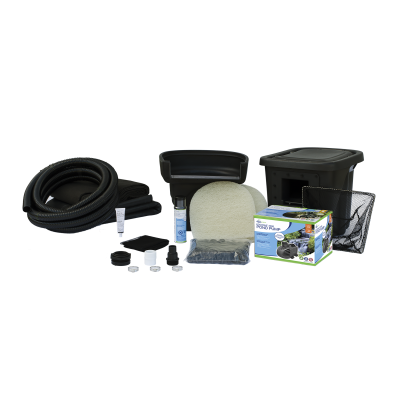 Pond filter kit with hose, pump, fittings, filter media, net, and plastic enclosure on a white background.