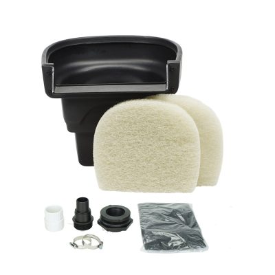 Pond filter kit with a black plastic container, two filter foams, hose fittings, clamps, and installation accessories.