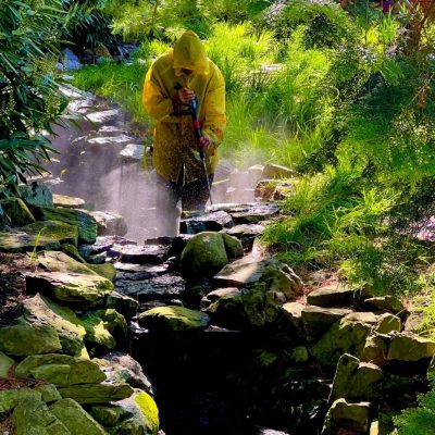 A person in a yellow raincoat sprays water on rocks in a lush, green garden setting.