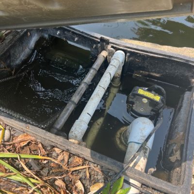 A partially open utility box with water, pipes, and electrical equipment near a body of water and some vegetation.