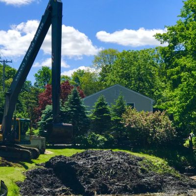 Excavator beside a pile of dirt near a house, with a worker standing on grass, surrounded by trees on a sunny day.