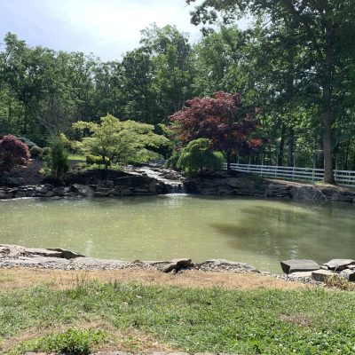 A small pond with a waterfall, surrounded by rocks, trees, and a white fence under a partly cloudy sky.