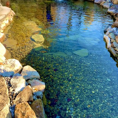 Clear pond surrounded by rocks, with pebbles visible under water and some plants along the stone border.
